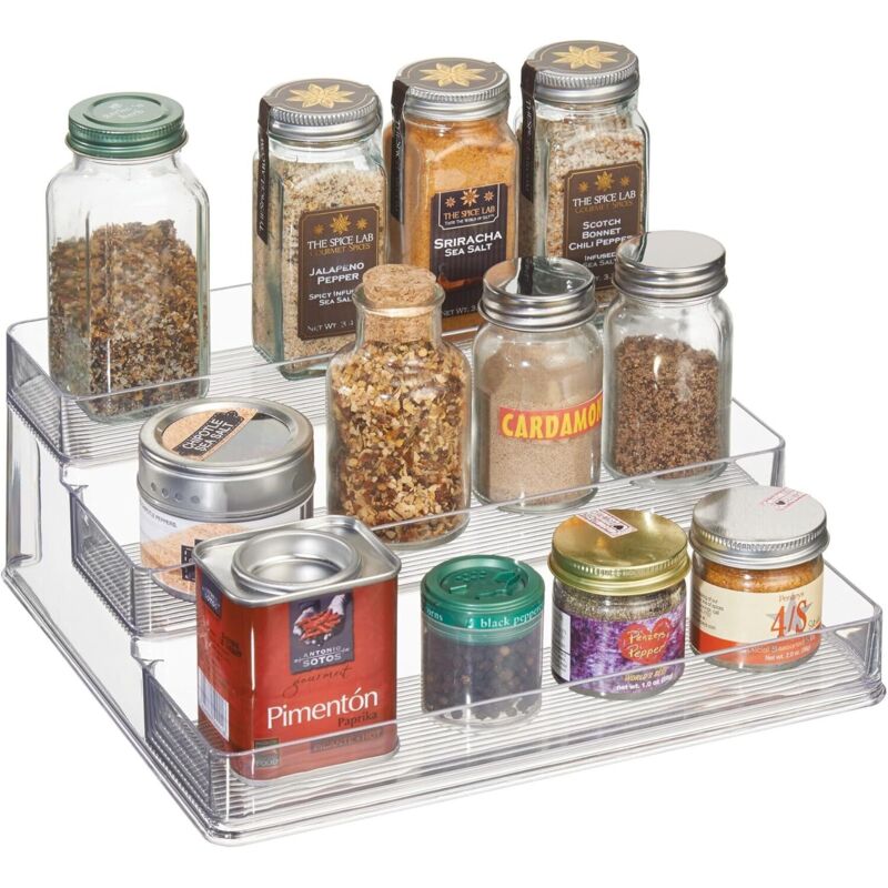 Organisateur Cuisine pour Placards, Grande Étagère Cuisine à 3 Étages en Plastique, Transparent 25x24x10cm