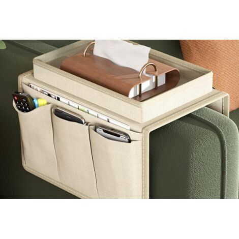 Organisateur d'accoudoir de canapé, sac de rangement pour fauteuil et lit avec 5 poches - Beige