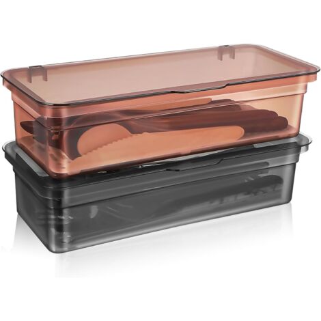 Organisateur D'Argenterie Avec Couvercle 2 PièCes BoîTe De Rangement Cuisine En Plastique Transparent 10.63X4.72X2.76 Pouces Plateau ÉGouttoir Pour Ustensiles -