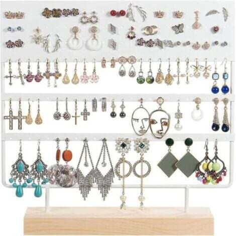 Organisateur de bijoux, 144 trous (Blanc) avec base en bois, support pour boucles d'oreilles suspendues