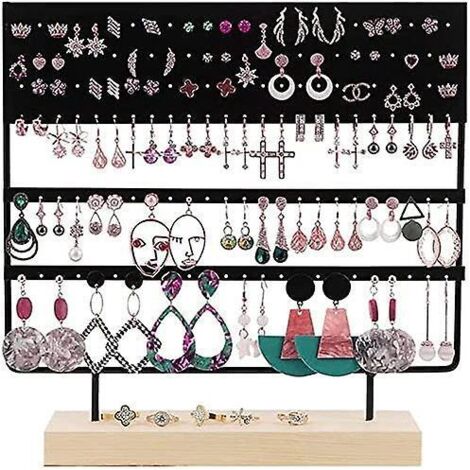 organisateur De Bijoux, 144 Trous (noir) Avec Base En Bois, Support Pour Boucles D'oreilles Suspendues