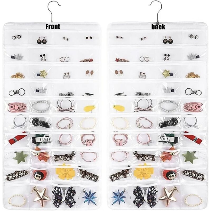 Organisateur de bijoux à suspendre double face : organisateur de bijoux à suspendre, 80 petites cellules, porte-boucles d'oreilles, sac de rangement