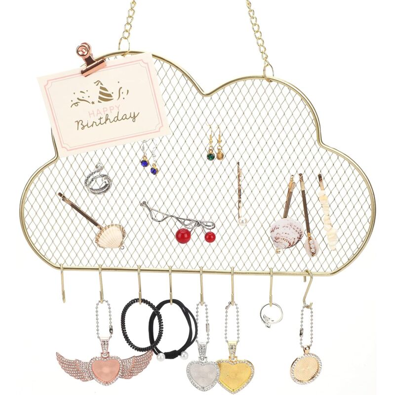 Organisateur de bijoux à suspendre, support mural en métal pour boucle d'oreille avec crochets pour filles et femmes 19 x 30 cm (nuage).