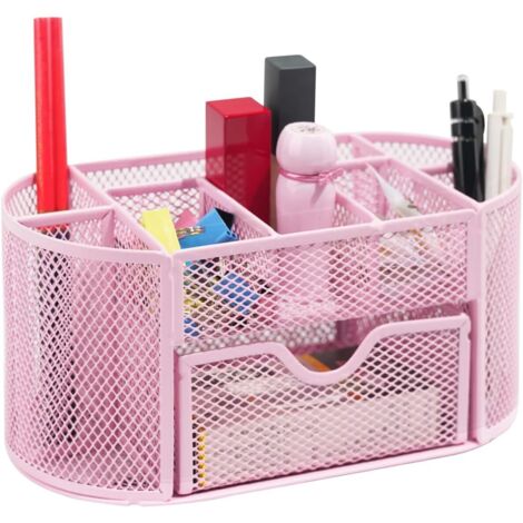 Organisateur De Bureau - 8 Compartiments + 1 Tiroir - Support Pour Stylos Et Crayons - Métal - Rose Fleur De Cerisier - Usage Maison Bureau École - 1 Pièce