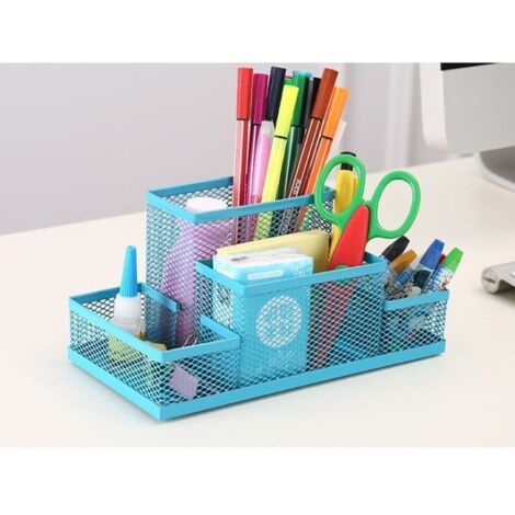 Organisateur de bureau Bleu métal maillage de bureau Multifonction boîte coffret de rangement stylos maison enfant étudiant