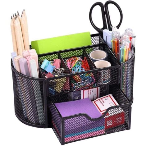 Organisateur de Bureau en Maille avec 8 Compartiments et 1 Tiroir – Noir Ortviai