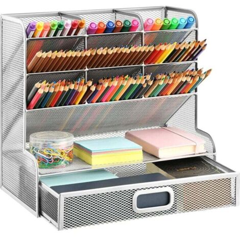 Organisateur de Bureau en Maille Porte-Stylo Multifonctionnel avec Tiroir Argenté pour Papeterie