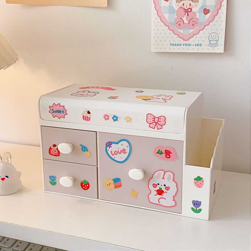 Organisateur de bureau mignon Rangement de papeterie avec tiroirs et autocollants, Organisateur de soins de la peau anti-poussière Boîte de rangement