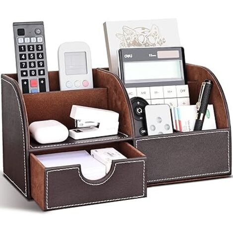 Organisateur de Bureau Multifonctions Pot a crayon en Cuir Rangement Bureau Organisateur avec tiroir (Marron)
