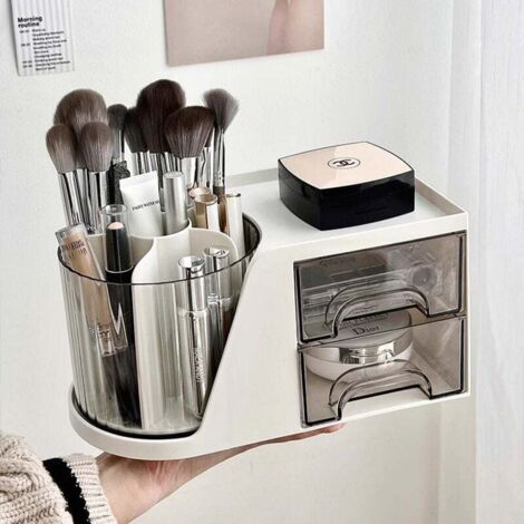 Organisateur de Bureau, Rangement Bureau avec Porte-Stylo Rotatif, 2 tiroirs et Possibilités de Rangement Multifonctionnelles pour Stylos, Agrafeuses, Pinces à Dossiers (Blanc)
