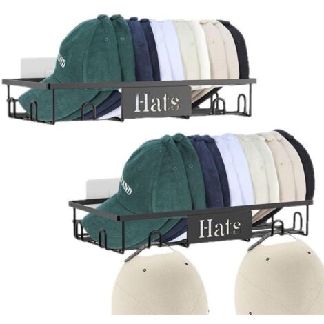 Organisateur de Casquettes Mural en Métal – Lot de 2 Porte-Casquettes, Fixation Adhésive ou à Vis, Rangement Mural pour Casquettes et Bonnets (Noir)