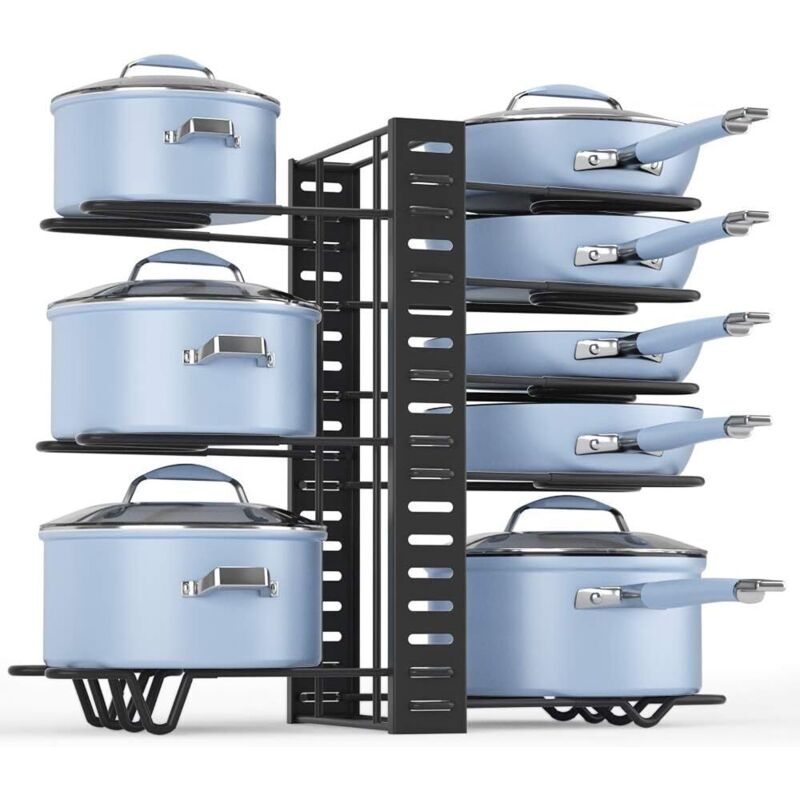 Organisateur de casseroles et poêles, étagère à ustensiles de cuisine à 8 niveaux, noir