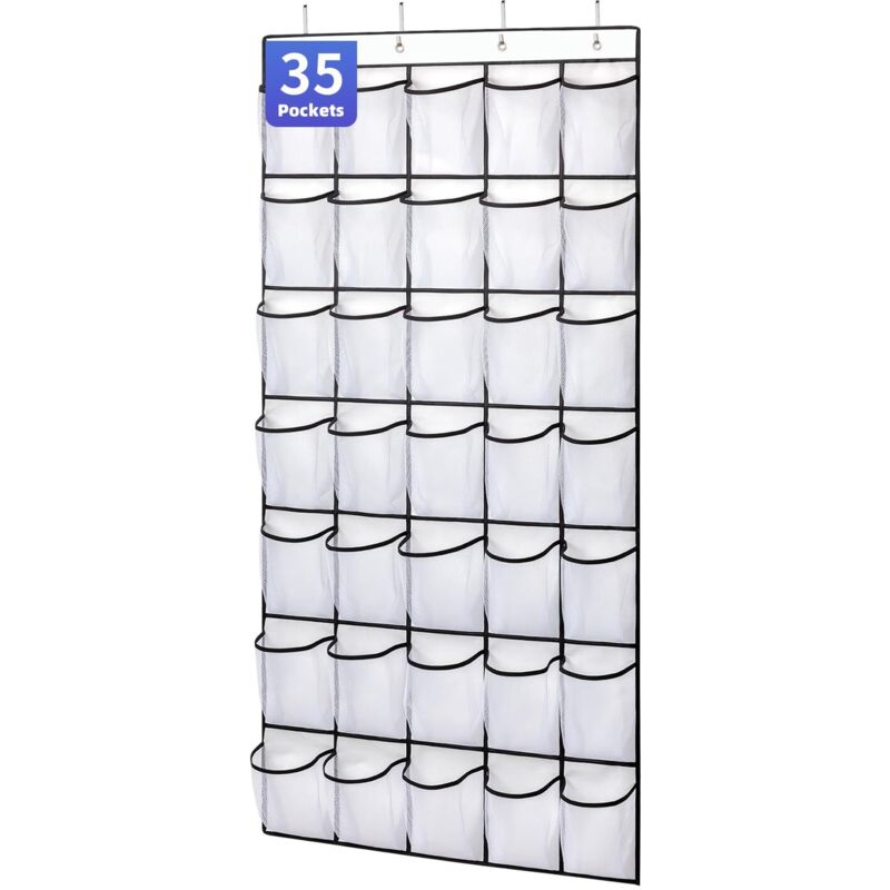 Organisateur de chaussures à suspendre à la porte avec 35 poches, grand organisateur de chaussures avec 4 crochets métalliques (blanc - 1 paquet)