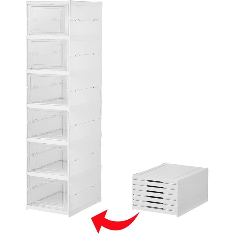 Organisateur de chaussures en plastique - Boîtes à chaussures empilables et pliables à 6 niveaux pour placard, conteneurs de baskets transparents et