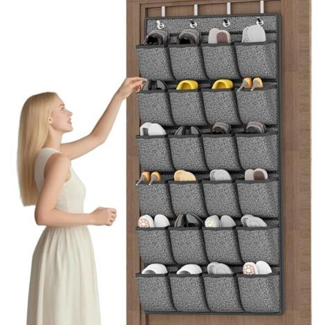 Organisateur De Chaussures Pour Porte - 24 Poches Profondes - Tissu Non Tissé Respirant - Crochets Métalliques - Noir - 1 Pièce