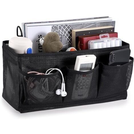 Organisateur de chevet suspendu 4 poches sac de Rangement de chevet en filet panier de lit et crochet pour serviette. téléphone. stylos. télécommande (noir)