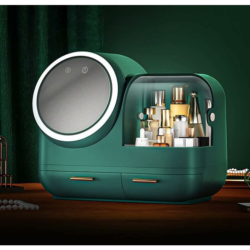 Organisateur de cosmétiques avec miroir, boîte de rangement avec lumière et couvercle étanche à la poussière, lampe led, chargement usb, vert