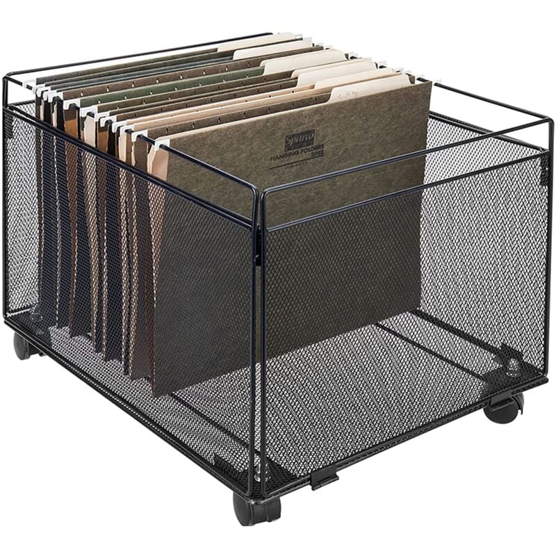 Organisateur de dossiers suspendus en maille métallique noire roulante et bac de stockage de documents