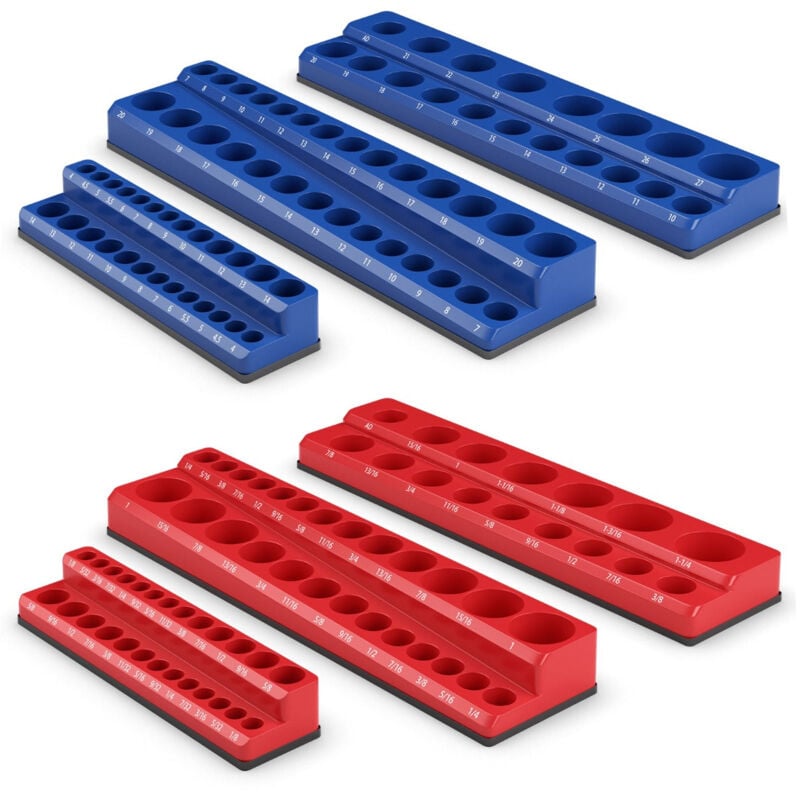 Organisateur de douilles magnétiques entraînements 1/2' 3/8' et 1/4' kit de support de douille 6 pièces rouge sae bleu métrique