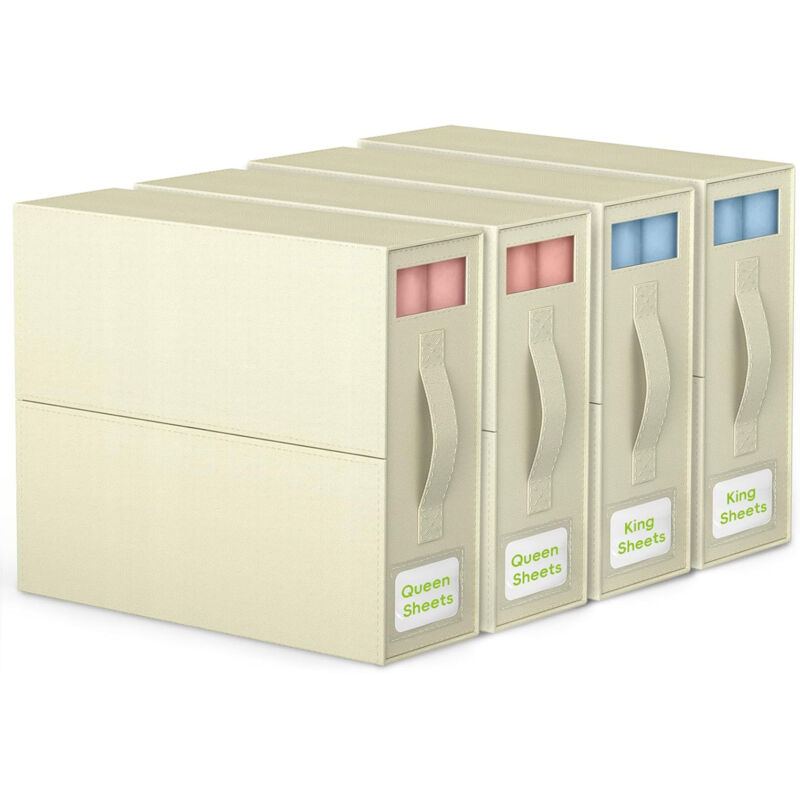 Organisateur de draps, lot de 4 (Queen ou King) Beige, boîte de rangement pliable, organisateur de placard à linge pour draps, housses de couette,