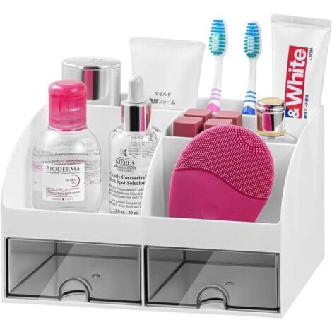 organisateur de lavabo de salle de bain avec 8 emplacements pour dentifrice et tiroirs, organisateur en plastique pour salle de bain pour coiffeuse/maquillage/bureau blanc