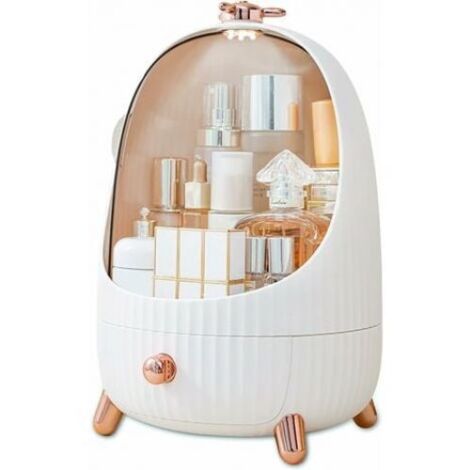 Organisateur de maquillage avec éclairage LED, tiroirs de rangement en plastique pour bijoux et cosmétiques, boîte de rangement anti-poussière pour petits objets - Taille M - Blanc