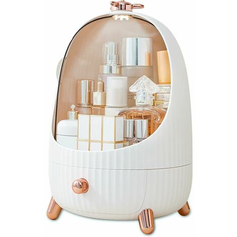 Organisateur de maquillage avec tiroirs de lumière LED Boîte de rangement de bijoux en plastique Conteneur de stockage de cosmétiques anti-poussière Boîte d'articles divers pour la maison Blanc