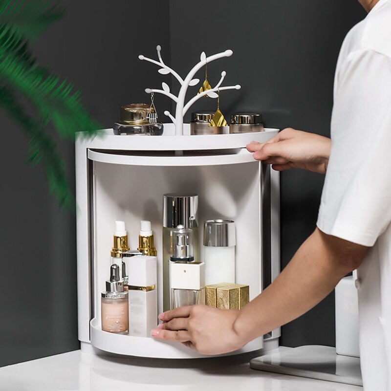 Organisateur de maquillage de salle de bain rotatif, boîte de rangement murale en plastique d'angle
