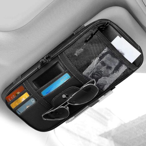 Organisateur de pare-soleil noir pour voiture avec poche de rangement en cuir pour permis de conduire, clés, téléphone, documents