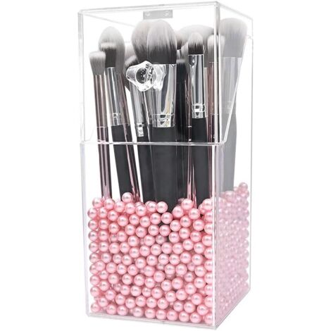Organisateur de pinceaux de maquillage avec couvercle, boîte de rangement transparente en acrylique anti-poussière - Organisateur de pinceaux de maquillage en acrylique avec perles roses