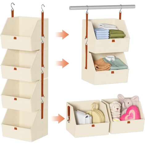 Organisateur de Placard Suspendu 4 Étages Beige – Étagères pour Vêtements, Bacs en Tissu Pliables, Rangement Chambre, Dressing, Dortoir, Camping-car, Gain de Place