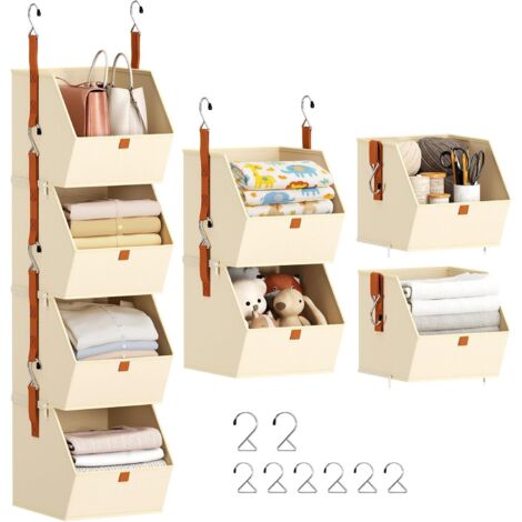 Organisateur de Placard Suspendu 4 Niveaux Beige – Étagères de Rangement pour Vêtements, Système Gain de Place, Boîtes en Tissu Pliables, Idéal Chambre, Dressing, Dortoir, Camping-car