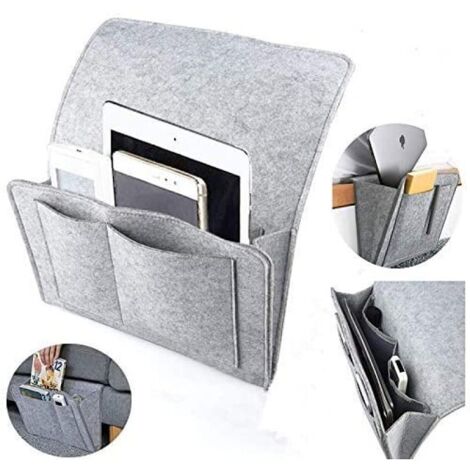 Organisateur de plateau de lit en feutre, sac de rangement en feutre pour chevet, sac de chevet suspendu, canapé-lit, rangement suspendu pour livre, magazine, jouets, téléphone portable. (gris profond