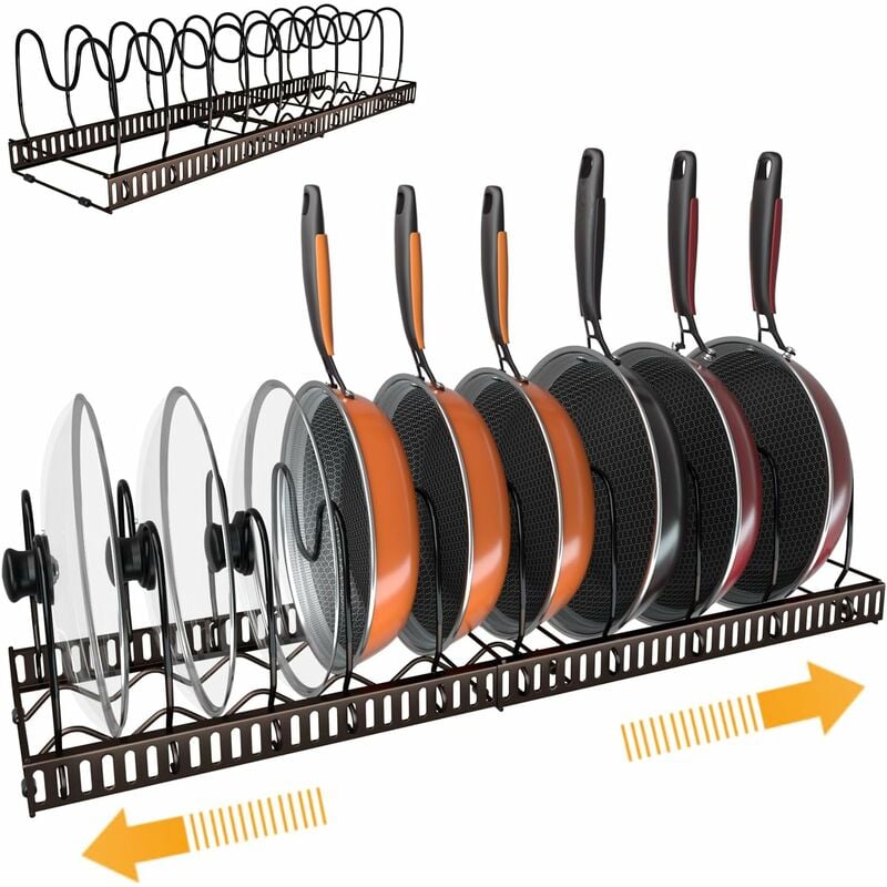 Skecten - Organisateur de Poêle à Frire Extensible, Porte-Casseroles Ajustable pour Ustensiles de Cuisine, Support pour Couvercles, 10 Compartiments,