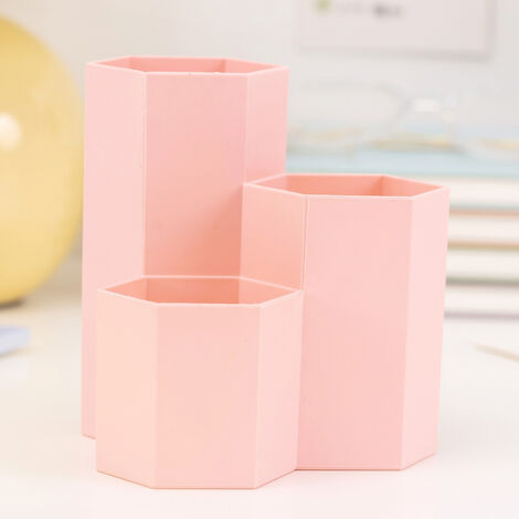 Organisateur de porte-brosse de maquillage en plastique, gobelets de brosse de maquillage de stockage cosmétique à 3 fentes pour commode, bureau, comptoir de salle de bain（rose）