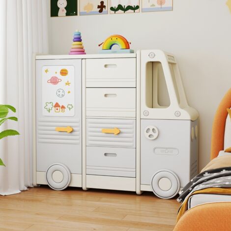 Organisateur de Rangement pour Jouets pour Enfants Armoire en Forme de Bus avec 4 Tiroirs Amovibles avec Poignées Gris