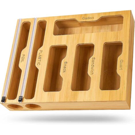 Organisateur de rangement pour sacs Ziploc en bambou - Distributeur de film 6 en 1 avec coupe-film, convient aux sacs de congélation, sacs à sandwich, films étirables et papier aluminium.