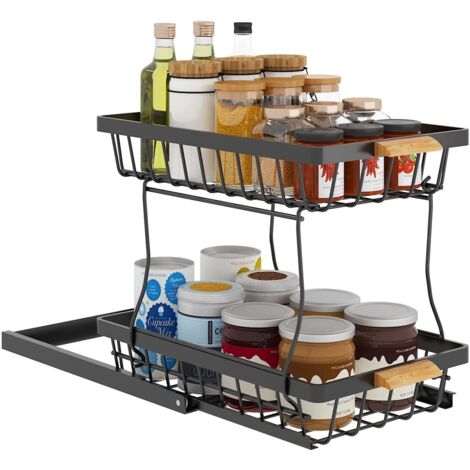 Organisateur de rangement sous évier à 2 niveaux, étagère empilable avec tiroirs coulissants, multifonctionnel, pour cuisine, salle de bain, bureau, noir