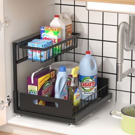 Organisateur de Rangement sous Évier avec Couvre-Plateaux, en Forme de L, Organisateur de Placard Coulissant, Plateau Inférieur Coulissant, Noir