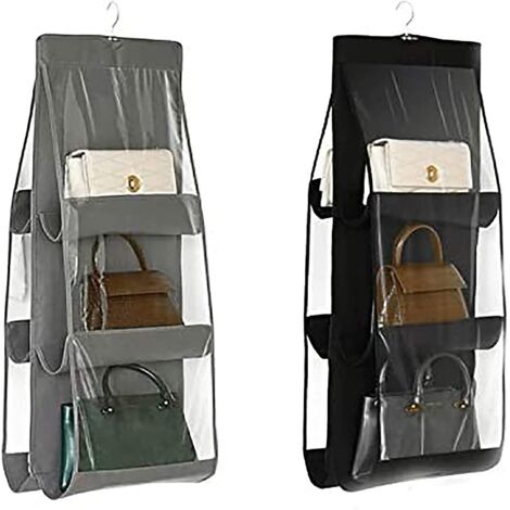 Organisateur de sac à main suspendu noir et gris à 6 poches - Lot de 2 - Sacs de rangement anti-poussière pour armoire et penderie - Système d'organisation lavable et peu encombrant
