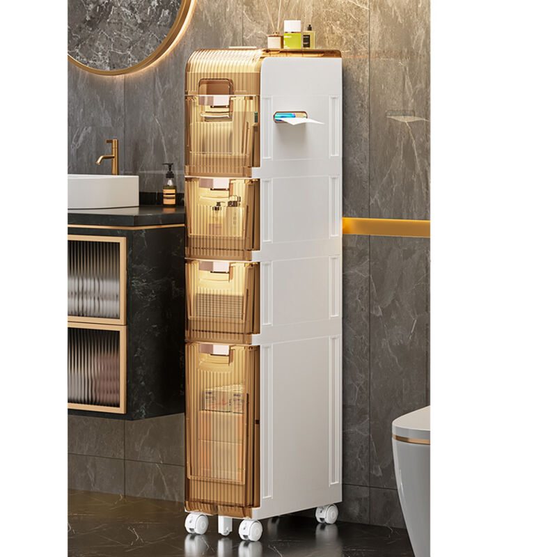 Armoire de Rangement au Sol de Salle de Bain, unité de Rangement Verticale de Salle de Bain avec Tiroirs et roulettes, Tour de Rangement Mince et