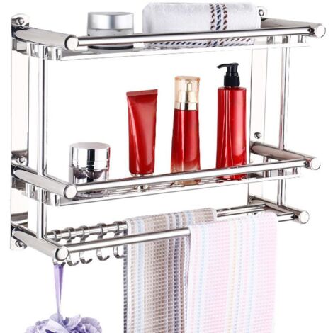Organisateur de salle de bain à 2 niveaux, panier de douche suspendu avec 2 porte-serviettes et 5 crochets, acier inoxydable antirouille (Type-1 (50 cm))