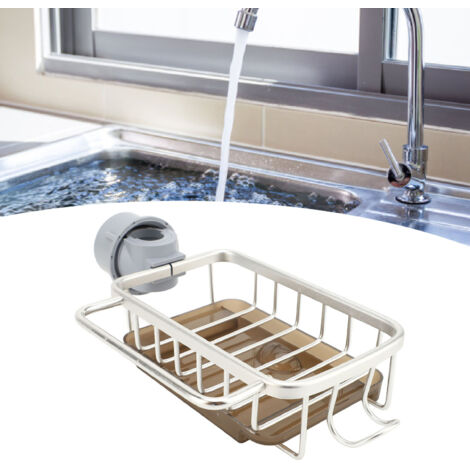 Organisateur de Salle de Bains [Porte-éponge Multifonction pour Évier avec Plateau de Drainage] + [Caddy Sur Robinet] + [Droit Côté Argenté] + [Aluminium Spatial Anti-Rust]