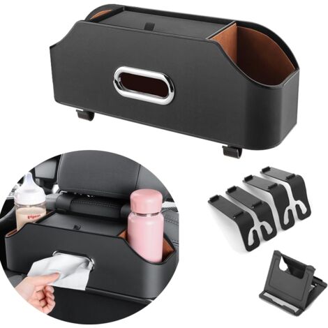 Organisateur de siège arrière de voiture avec 2 porte-gobelets et boîte à mouchoirs, boîte de rangement suspendue à l'appui-tête avec crochets et support pour téléphone (noir).