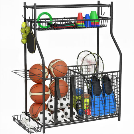 Organisateur de sport mural, avec casiers modulables, crochets détachables et sangles ajustables, dimensions 92x42x109 cm, couleur noire