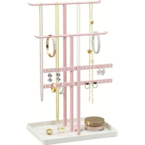 Organisateur de Support à Bijoux à 3 Niveaux - Support Solide pour 80 Pièces de Bijoux - Porte-Bijoux Rose - Porte-Bijoux pour Colliers, Boucles d'oreilles, Bracelets, Bagues - Cadeau pour Femmes
