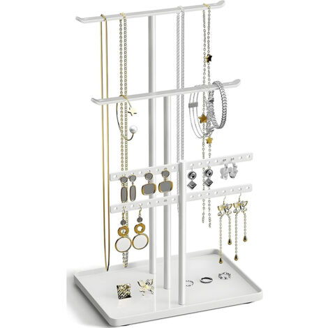 Organisateur de Support à Bijoux à 4 Niveaux - Support Solide pour 80 Pièces de Bijoux - Porte-Bijoux Blanc - Porte-Bijoux pour Colliers, Boucles d'oreilles, Bracelets, Bagues - Cadeau pour Femmes