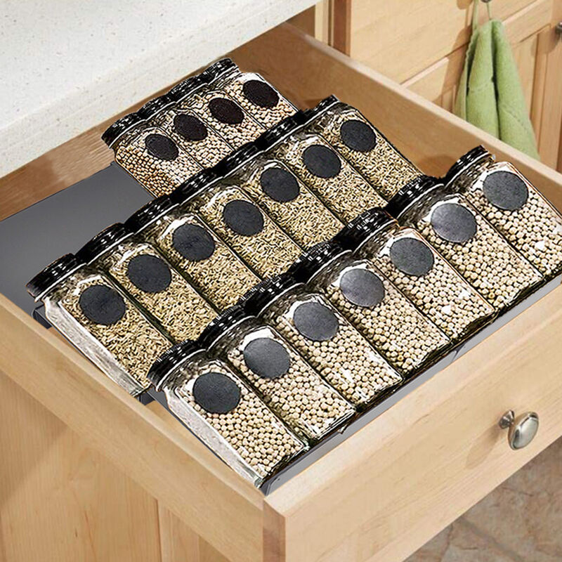 Organisateur de tiroir à épices extensible pour armoires de cuisine de 23 cm à 46 cm, plateau à épices réglable à 3 niveaux, rangement des pots à