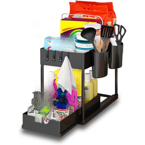 Organisateur de tiroir coulissant à 2 niveaux sous évier, noir, meuble de rangement pour cuisine et salle de bain, avec crochets et porte-gobelets suspendu, étagère multifonctionnelle