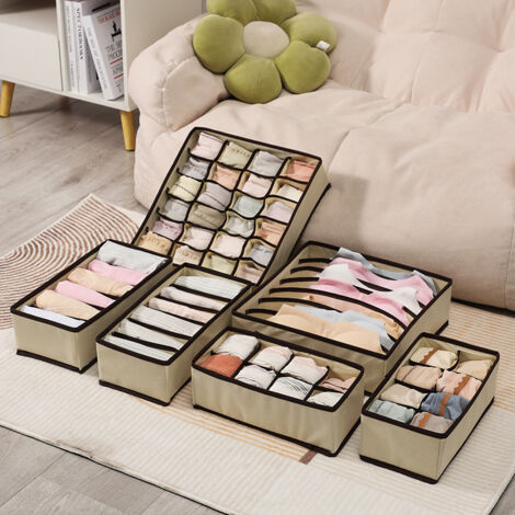 Organisateur de Tiroir Pliable, Lot de 6 Rangement Non-tissé pour sous-vètements Soutien-Gorges Chaussettes Boîte de Rangement à Compartiment Diviseurs Rangement Gain de Place- Beige